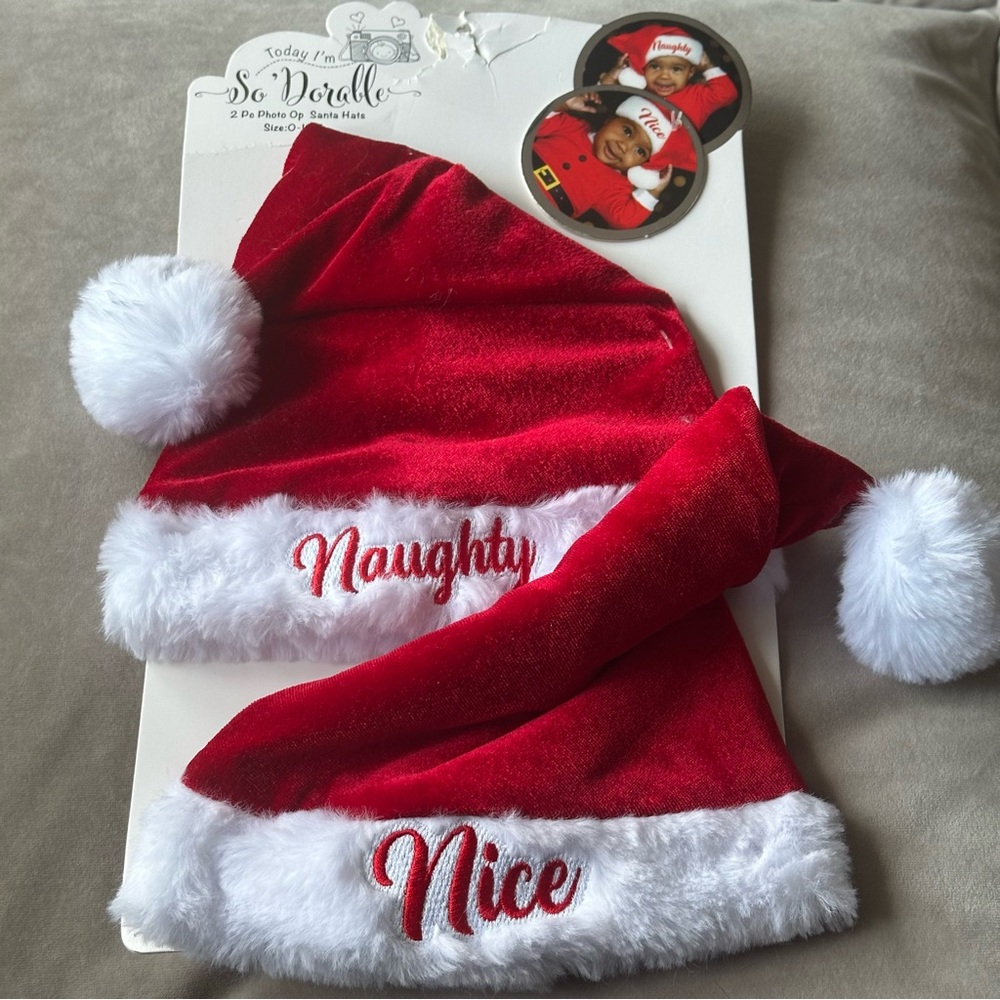 So Dorable Red and White Santa Hats Set Naughty Nice Size 0-12 Months New